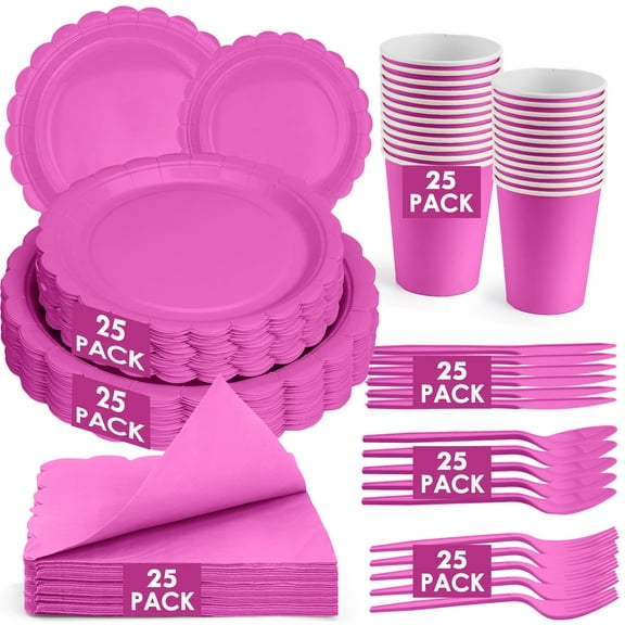 Inadays 175Pcs Disposable Party Supplies Includes Hot Pink Paper Plates Cup Napkins Forks Spoons Knives, Dinnerware Set for Garden Party Birthday BBQ Baby Shower Wedding, Serve 25 Guests