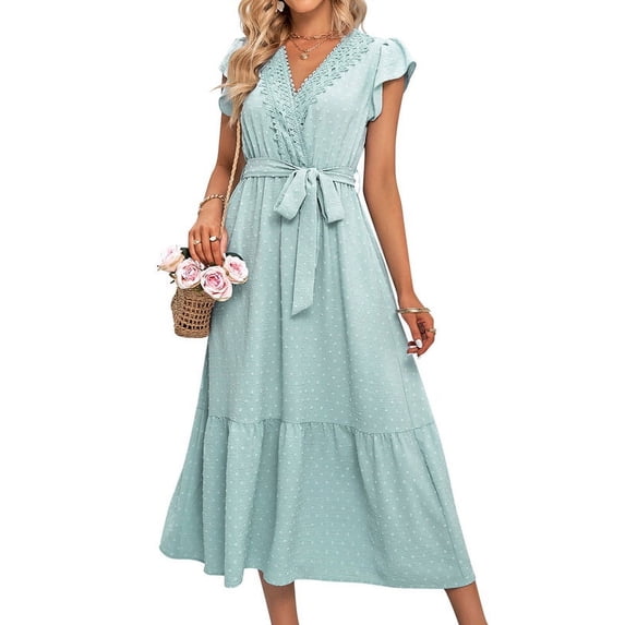 Inadays 2023 Summer Casual Dress for Women Flutter Sleeve Lace Trim Wrap V Neck Dress Belt High Waist Swiss Dot Flowy Midi Dresses, Green, M