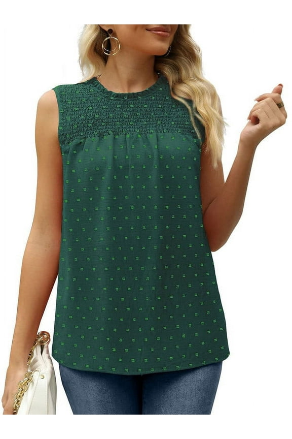2023 Women's Summer Top Ruffle Sleeveless Blouse Swiss Dot Flowy Shirt Tunic Top Summer Casual Cute Blouse, Green, S