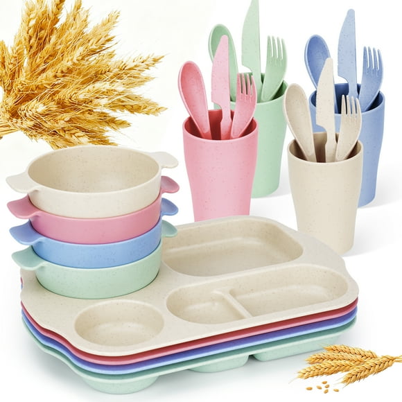 Inadays 24 Piece Wheat Straw Dinnerware Sets Cutlery Set Unbreakable Tableware Set Divided Plates Reusable Microwave Dishwasher Safe 4pcs Plates Bowl Spoon Knife Fork Cup