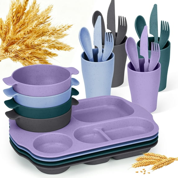 Inadays 24 Piece Wheat Straw Dinnerware Sets Cutlery Set Unbreakable Tableware Set Divided Plates Reusable Microwave Dishwasher Safe 4pcs Plates Bowl Spoon Knife Fork Cup