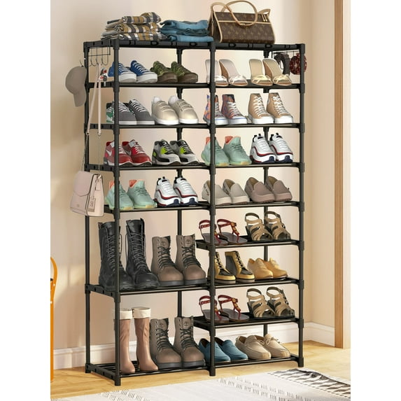 Inadays 9 Tiers Shoe Rack Organizer Large Capacity Shoe Storage 32-40 Pairs Shoe Boot Shelf Removable Dustproof Stackable Shoe Tower with 2 Hooks, Sturdy Metal Shoe Stand for Closet/Bedroom/Entryway