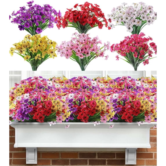 Inadays Artificial Flowers for Outdoor Indoor, 24 Bundles Fake Plant Colorful Eucalyptus Camellia UV Resistant for Garden Yard Wedding Farmhouse Balcony Porch Patio