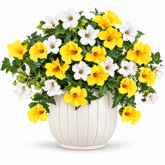 Inadays Artificial Flowers for Outdoors Faux Plants Home Decor 2PCS Spring Faux Petunias Silk Flower UV Resistant No Fade for Home Garden Balcony Yard Porch Realistic Indoor Decor, Yellow