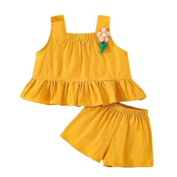 Inadays Baby Girl Clothes Summer Cotton Outfits Ruffle Hem Sleeveless Shirt Kid Flower Tops Vest Short Set 2pcs Outfits for Girl Infant Toddler Baby, Yellow, 12-18M