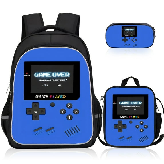 Inadays Backpacks for School 3 Pcs Gamer Bookbag with Lunch Box & Pencil Pouch Set