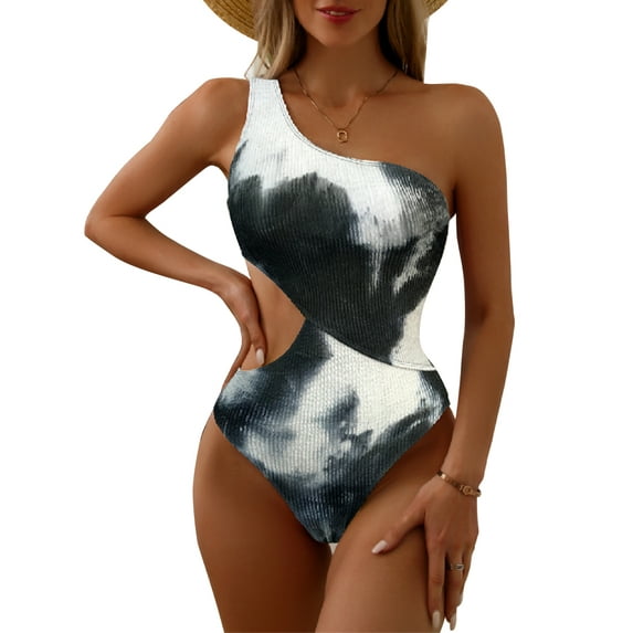 Inadays Bathing Suit for Women One Shoulder Swimsuit Sexy Crinkle Waist Cutout Monikini One Piece Swimwear Padded Beachwear, Black and White Tie-Dye, XL