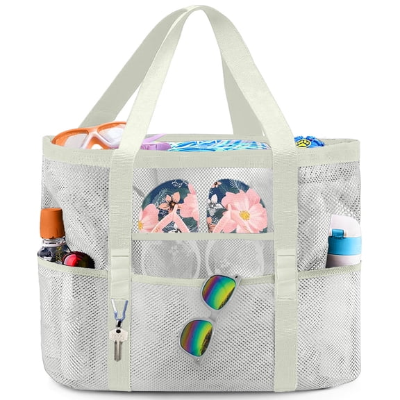 Inadays Beach Bag, Extra Large Mesh Beach Tote with 8 Pockets & Waterproof Zipper inner Pocket for Family Pool Bag Ideal for Beach Trip Toys & Vacation Essentials