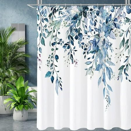 Inadays Blue Floral Polyester Shower Curtain, 72" x 72" Waterproof