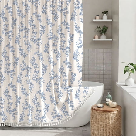 Sanmadrola Blue Shower Curtain Floral Plant Shower Curtain Set with Tassels, Heavy Duty Faux Cotton Linen Cottagecore Boho Vintage Rustic Shower Curtains with Hooks for Bathroom Decor, 72x72 in