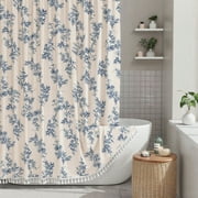 Sanmadrola Blue Shower Curtain Floral Plant Shower Curtain Set with Tassels, Heavy Duty Faux Cotton Linen Cottagecore Boho Vintage Rustic Shower Curtains with Hooks for Bathroom Decor, 72x72 in