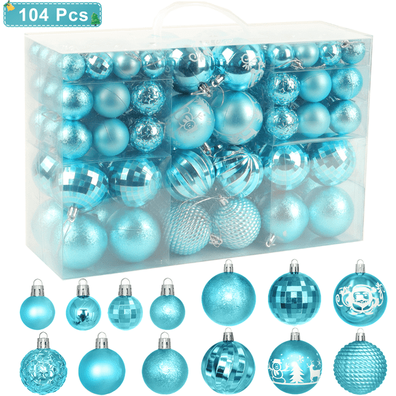Inadays Christmas Balls Ornaments for Christmas Trees 104Pcs Shatterproof Plastic Christmas Ornament Set for Xmas Tree Decoration Hanging Ball for Holiday Wedding Party, Light Blue