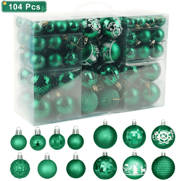 Inadays Christmas Balls Ornaments for Christmas Trees 104Pcs Shatterproof Plastic Christmas Ornament Set for Xmas Tree Decoration Hanging Ball for Holiday Wedding Party, Green