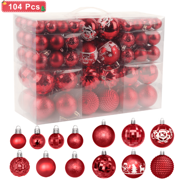 Inadays Christmas Balls Ornaments for Christmas Trees 104Pcs Shatterproof Plastic Christmas Ornament Set for Xmas Tree Decoration Hanging Ball for Holiday Wedding Party, Red