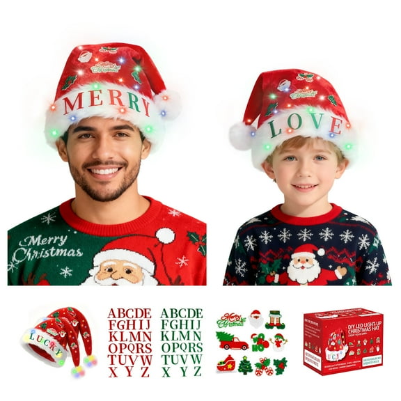 Inadays Christmas Hat with Light DIY Set with 4 Set A-Z Green and Red Patches Letters Christmas-themed Stickers for Adults Family Size
