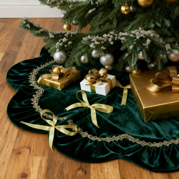 Inadays Christmas Tree Skirt Luxury Velvet Plush Rustic Xmas Indoor Holiday Decorations Home Fur Scallop Tree Skirt Sparking Gold Lace Trim 30'' Green