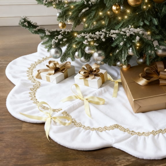 Inadays Christmas Tree Skirt Luxury Velvet Plush Rustic Xmas Indoor Holiday Decorations Home Fur Scallop Tree Skirt Sparking Gold Lace Trim 30'' White