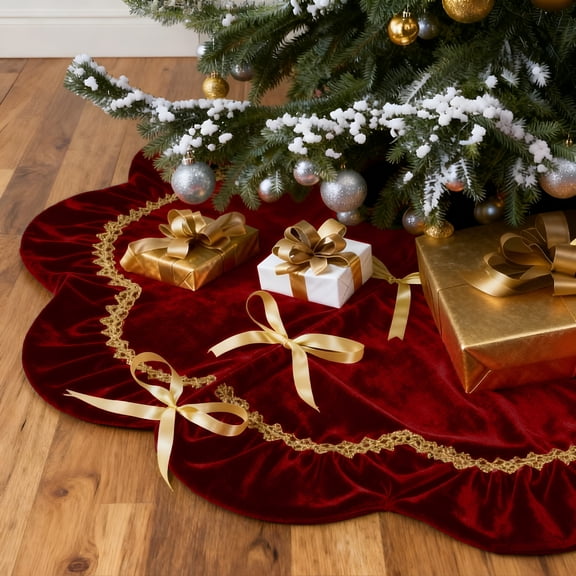 Inadays Christmas Tree Skirt Luxury Velvet Plush Rustic Xmas Indoor Holiday Decorations Home Fur Scallop Tree Skirt Sparking Gold Lace Trim 48'' Red
