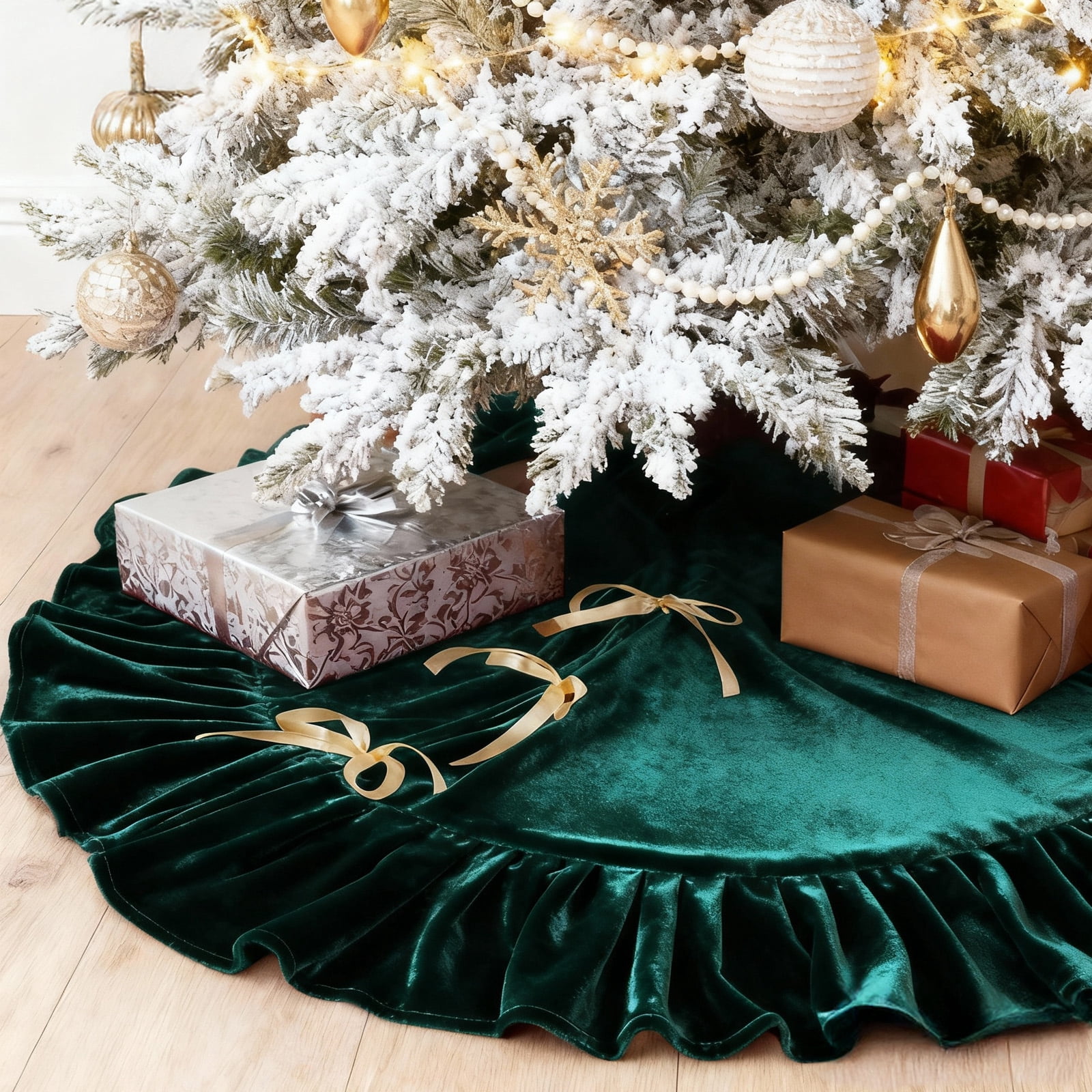 Sanmadrola Christmas Tree Skirt Green Luxury Ruffled Velvet Plush Fur Skirts Christmas Decorations Indoor Xmas Ornaments Holiday Decor for Home Party Holiday Decorations, 36in