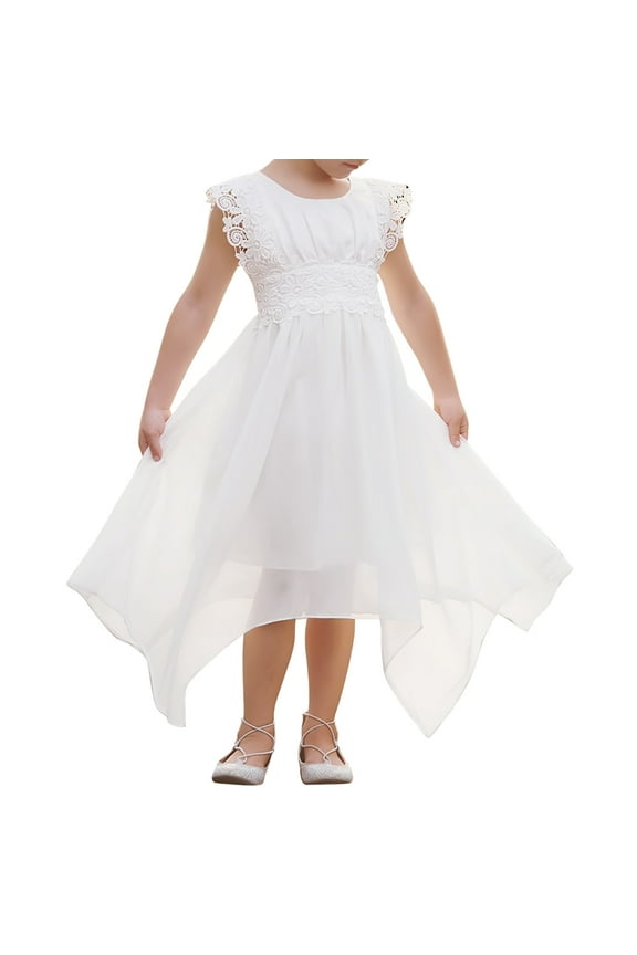 Inadays Girl Dresses Summer Dress Lace Flower Sleeveless Casual A-line Asymmetrical Flowy Maxi Dress Boho Dresses Flower Girl Dress Wedding Party for Toddler Child 1-7 Years, White, 4-5Y