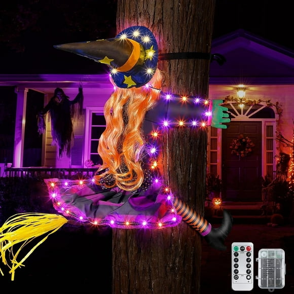 DAKIMOE Halloween Decoration Outdoor Witches Crashing Into Tree with Colorful LED Lights Crashed Witch Props Halloween Hanging Decorations for Indoor House Outdoor Yard Patio Decor 44''x33'' Orange