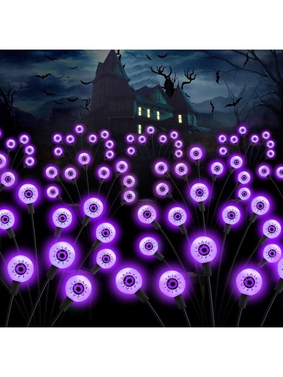 Halloween Decorations Outdoor Halloween Decor Solar Scary Eyeball Lights 2Pack 16LEDs Waterproof Purple Eyeball Swaying Firefly Light With 2 Modes For Garden/Yard/Patio/Party Decor, Purple