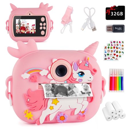 Inadays Kids Camera Instant Print Photos 1080P Selfie Digital Thermal Cameras Christmas Birthday Gifts for Girls Boys Toddler Toys Age 3-12 32GB Card