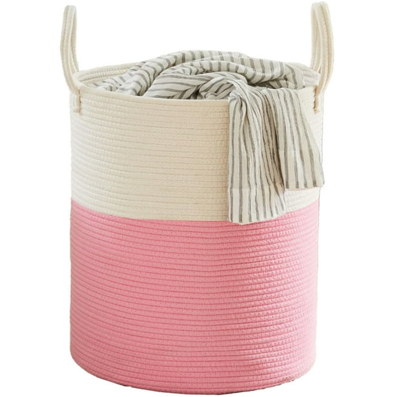Inadays Laundry Basket 51L Large Clothes Laundry Hamper Woven Cotton Rope Tall Laundry Bag Baskets Toy Storage Organizer Collapsible Storage Basket for Blanket, Toys, Clothes, Pillows, Pink White