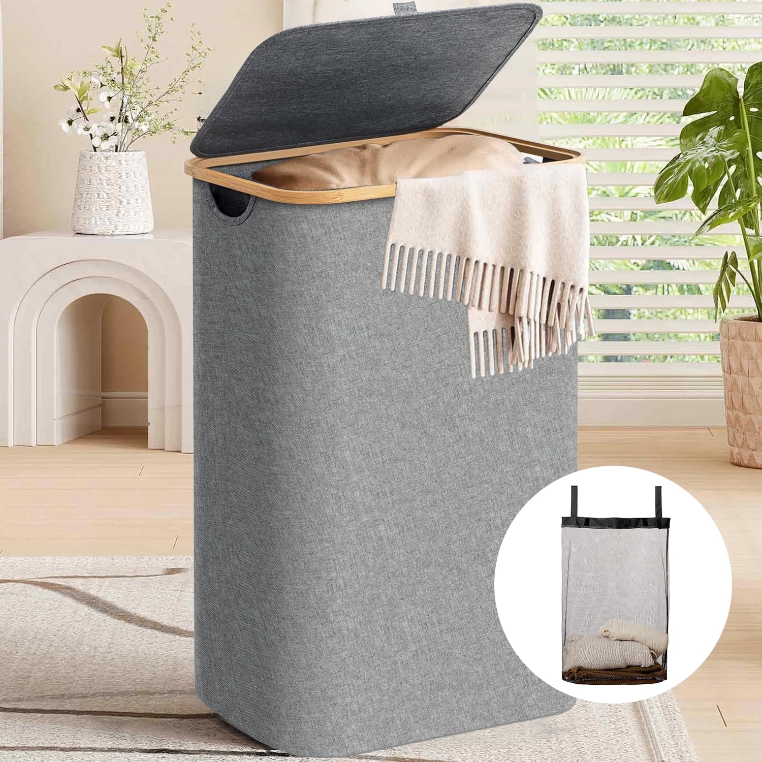 Inadays Laundry Basket Clothes Laundry Hamper 100L with Lid with Bamboo Handles and A Removable Laundry Bag Large Collapsible Foldable Laundry Hamper for Bedroom, Bathroom, Dorm, Laundry Room