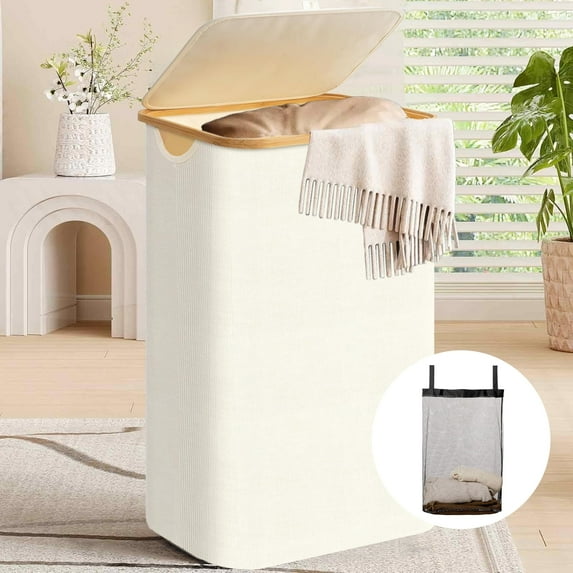 Inadays Laundry Basket Clothes Laundry Hamper 100L with Lid with Bamboo Handles and A Removable Laundry Bag Large Collapsible Foldable Laundry Hamper for Bedroom, Bathroom, Dorm, Laundry Room