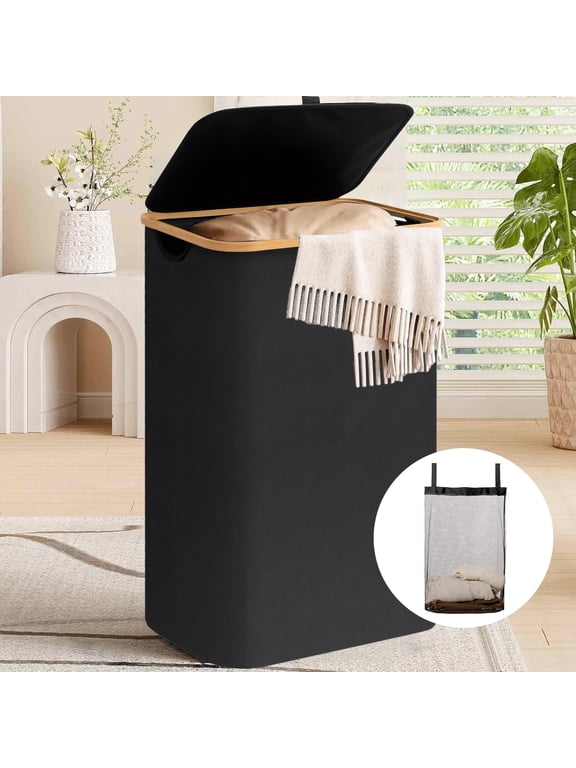Laundry Basket Clothes Laundry Hamper 100L with Lid with Bamboo Handles and A Removable Laundry Bag Large Collapsible Foldable Laundry Hamper for Bedroom, Bathroom, Dorm, Laundry Room