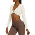 thumbnail image 1 of Inadays Long Sleeve Crop Tops for Women Sienna Twist Deep V Workout Crop T Shirt Top, Milk Apricot, M, 1 of 8