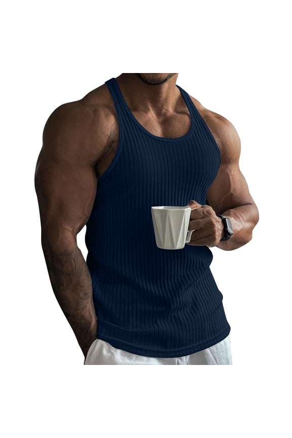 Men's Workout Tank Top Gym Fitness Athletic Shirts Quick Dry Bodybuilding Sleeveless Plain Muscle T Shirts, Dark Blue, 4XL