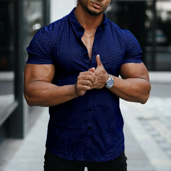 Inadays Mens Shirts Muscle Fit Dress Shirt Wrinkle-Free Short Sleeve Casual Athletic Fit Button Down Shirt Hawaiian Shirts Summer Tropical Beach Shirts for Men, Navy, 2XL