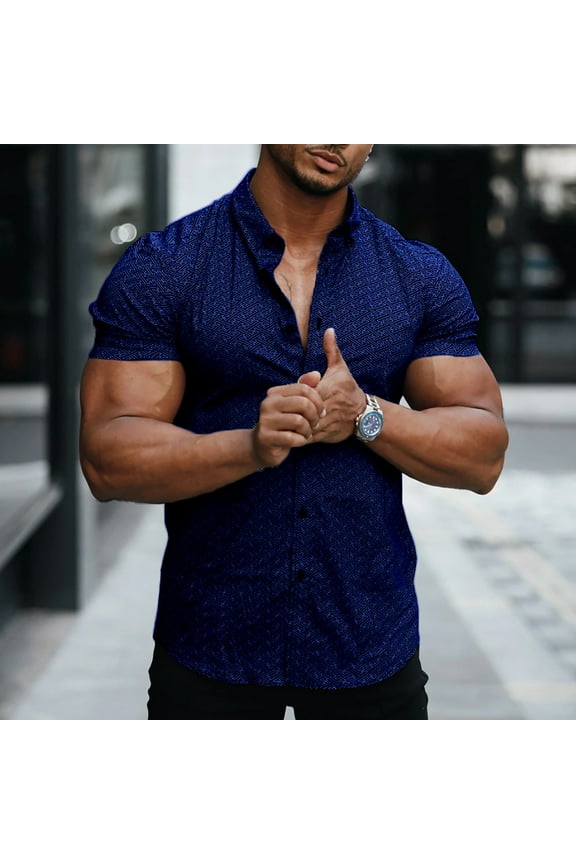 Inadays Mens Shirts Muscle Fit Dress Shirt Wrinkle-Free Short Sleeve Casual Athletic Fit Button Down Shirt Hawaiian Shirts Summer Tropical Beach Shirts for Men, Navy, 2XL