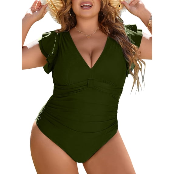Inadays Plus Size One Piece Bathing Suit for Women Sexy Tummy Control Swimsuit Flutter Sleeve Swimwear Full Coverage Retro Ruffle Monikini, Army Green, 2XL