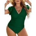 thumbnail image 1 of Inadays Plus Size One Piece Bathing Suit for Women Sexy Tummy Control Swimsuit Flutter Sleeve Swimwear Full Coverage Retro Ruffle Monikini, Green, 2XL, 1 of 8
