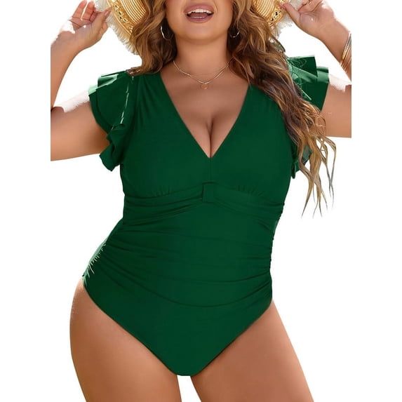 Inadays Plus Size One Piece Bathing Suit for Women Sexy Tummy Control Swimsuit Flutter Sleeve Swimwear Full Coverage Retro Ruffle Monikini, Green, 2XL