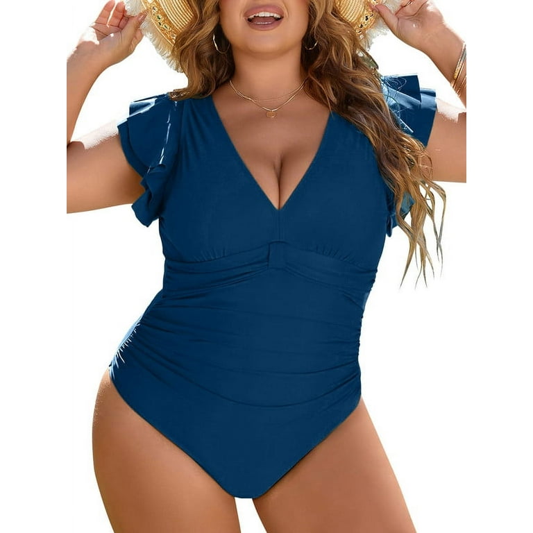 Inadays Plus Size One Piece Bathing Suit for Women Sexy Tummy Control  Swimsuit Flutter Sleeve Swimwear Full Coverage Retro Ruffle Monikini, Blue,  L 