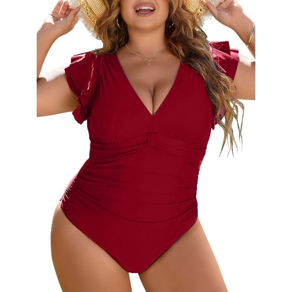 Sanmadrola Plus Size One Piece Bathing Suit for Women Sexy Tummy Control Swimsuit Flutter Sleeve Swimwear Full Coverage Retro Ruffle Monikini, Red, L