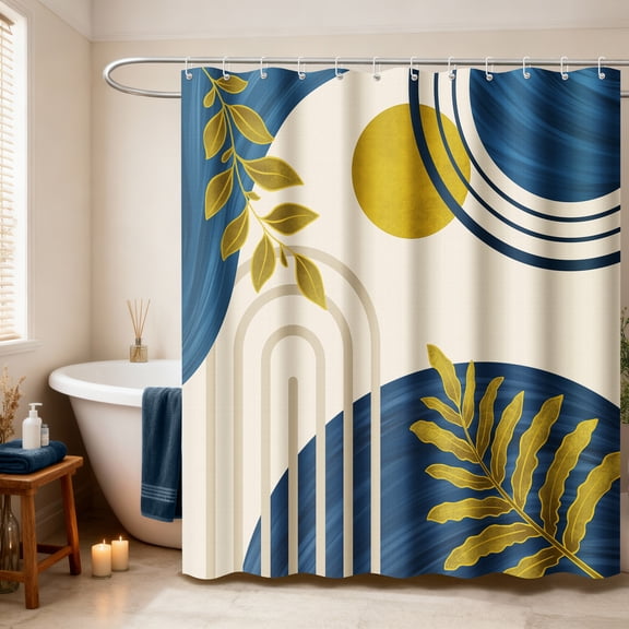 Inadays Shower Curtain Liner Mid Century Modern Navy Blue Boho Leaves Shower Heavy Duty Curtains Bathroom Decor Sets Waterproof with Hooks, 72x72in