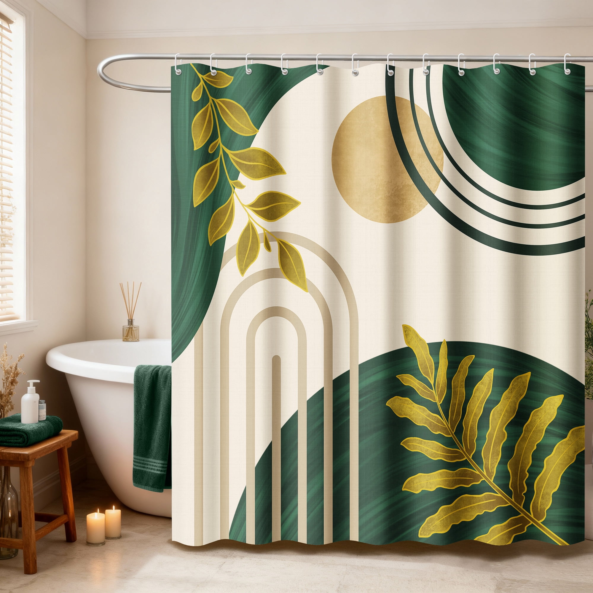 Inadays Shower Curtain Liner Mid Century Modern Navy Blue Boho Leaves Shower Heavy Duty Curtains Bathroom Decor Sets Waterproof with Hooks, 72x72in