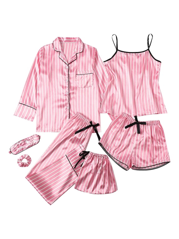 Silk Satin Pajama Set, Women Sleepwear Loungewear, Cami Lingerie Sleepwear, 7 Piece Sleepwear Lounge Sets, Pink Stripe, Size M