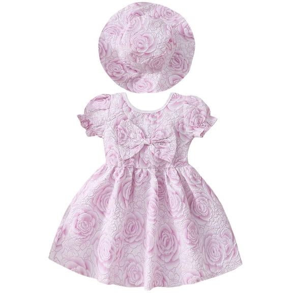 Inadays Toddler Baby Girl Floral Jacquard Puff Sleeve Dress Summer Bowknot Princess A-line Dresses Kids Birthday Ball Gown Party Pageant Dresses with Hat, Purple, 4-5 Years