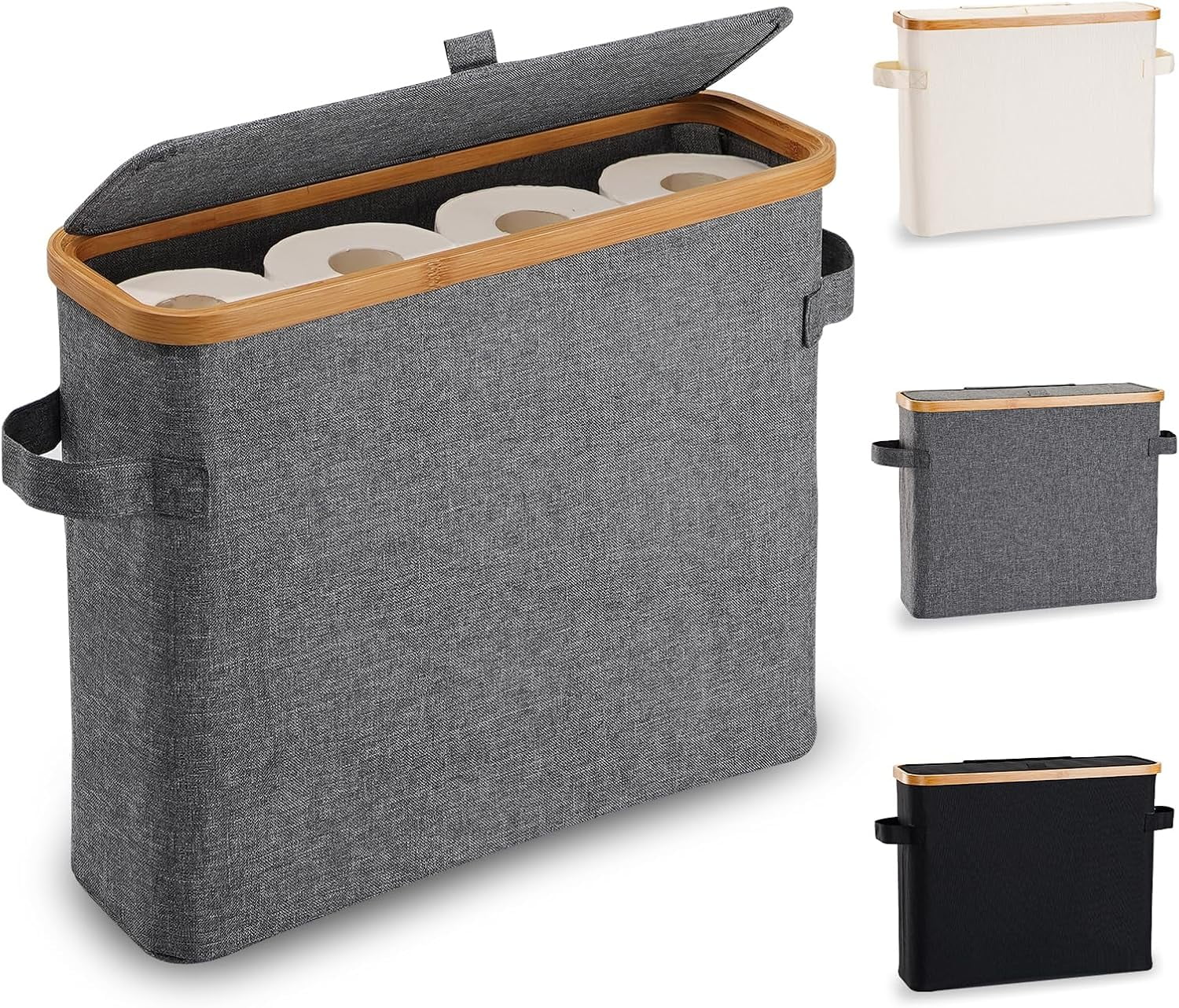 Gray Bamboo and Oxford Cloth Toilet Paper Storage Basket with Lid