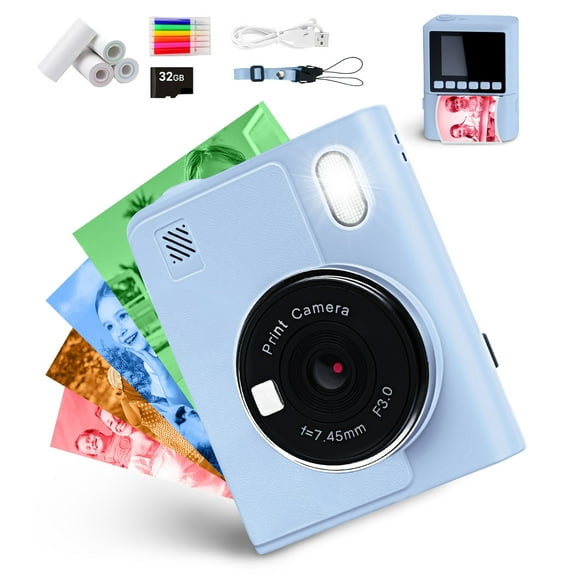 Inadays Kids Instant Print Camera 1080P HD Video Digital Kids Camera with Colorful Print Paper & 32G Card Toddler Toy Christmas Birthday Gifts for for 3-14 Years Old, Blue