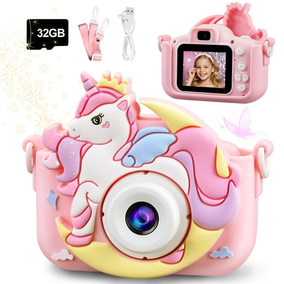 Inadays Kids Camera for Girls Boys 1080HD Photo Selfie Video Digital Cameras Toddler Unicorn Toys Christmas Birthday Gift Age 3-10 with 32GB SD Card, Pink