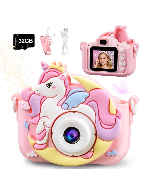 Kids Camera for Girls Boys 1080HD Photo Selfie Video Digital Cameras Toddler Unicorn Toys Christmas Birthday Gift Age 3-10 with 32GB SD Card, Pink