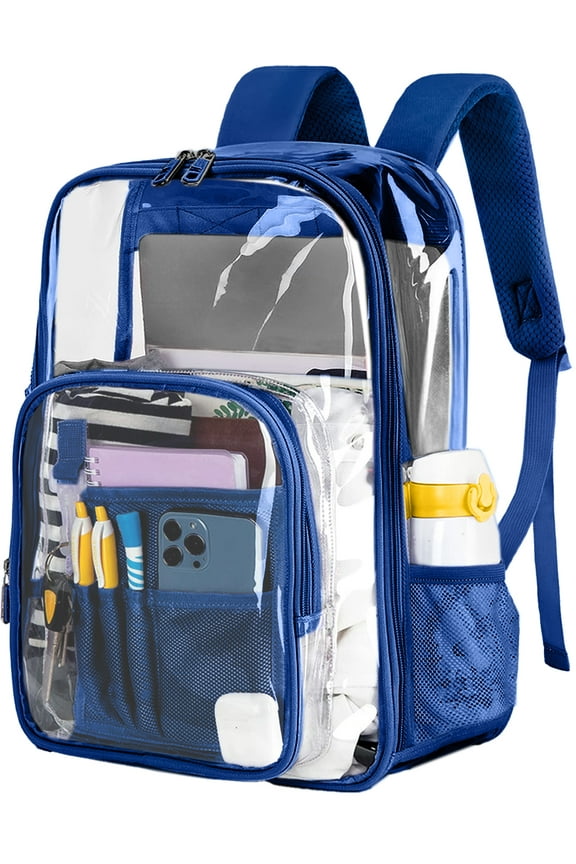 Waterproof Clear Backpack Heavy Duty PVC Transparent Large Capacity Backpack with Reinforced Strap for School, Work, Stadium, Travel, Security, Festival, College (Blue)