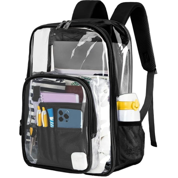 Inadays Waterproof Clear Backpack Heavy Duty PVC Transparent Large Capacity Backpack with Reinforced Strap for School, Work, Stadium, Travel, Security, Festival, College (Black)